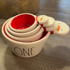 Rae Dunn Ceramic Snowman Measuring Cups Set, White with Red Interior
